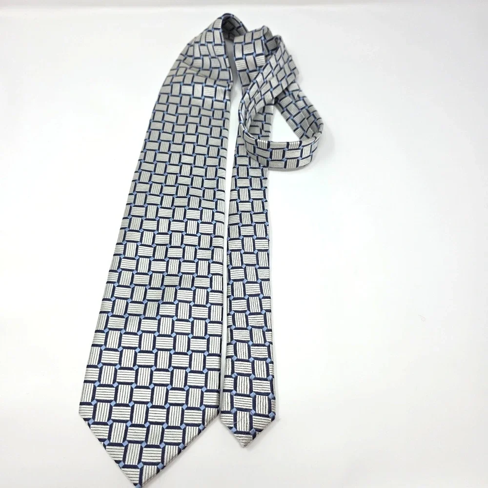 Nautica Tie Mens Silver Blue Geometric Silk Woven Designer Classic Luxury